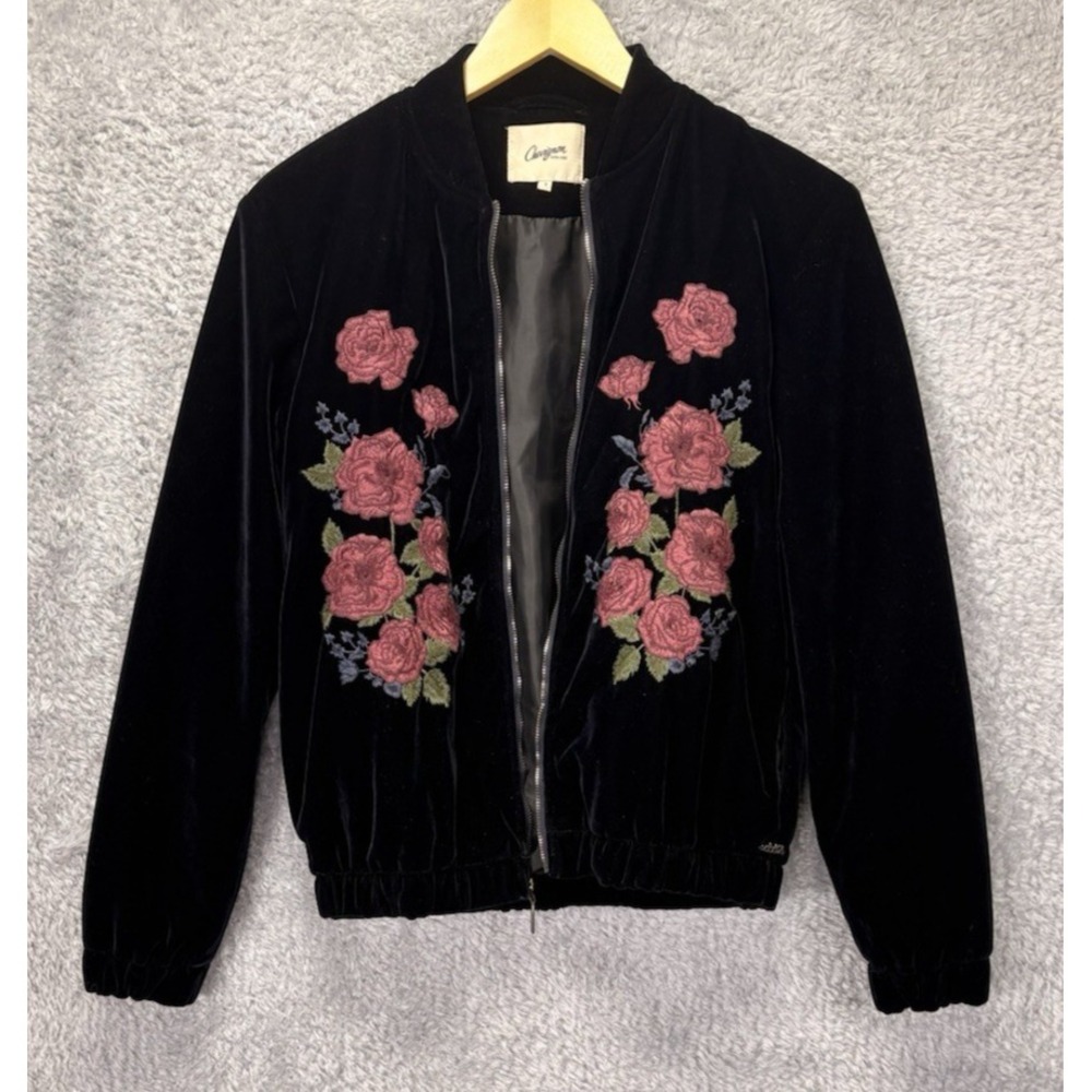 Chevignon Womens S Black Velvet Floral Embroidered Bomber Jacket Boho